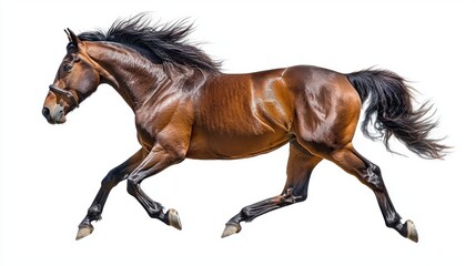 Fototapeta premium Brown horse running on white background with no other distractions or elements in the frame