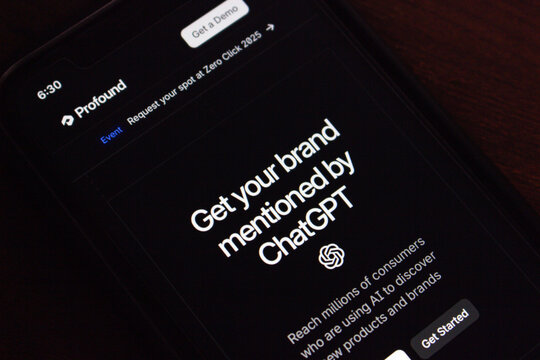 Mexico City, MEXICO - Sep 3 2025 : Smartphone screen showing Profound's marketing tool offering brand visibility through ChatGPT and AI-driven product discovery features.