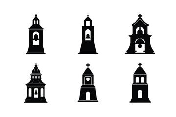 bell tower bundle linocut style silhouette vector illustration
