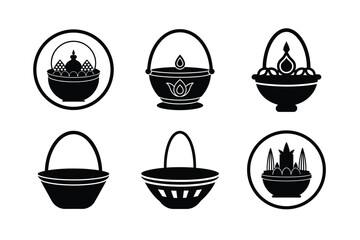 puja basket bundle linocut style silhouette vector illustration