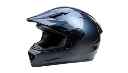 Closeup view of a dark blue motorcycle helmet.