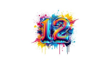 Colorful Number Twelve  Abstract Paint Splatter Design