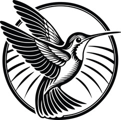 A striking hummingbird in flight with bold linework and circular frame design. Perfect for tattoo lovers, nature fans, and modern minimal artwork collectors.