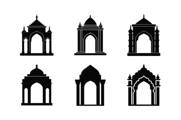 temple archway bundle linocut style silhouette vector illustration