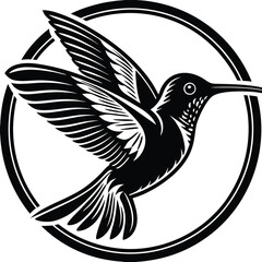 A bold black hummingbird illustration in flight, framed in a circle. Perfect for nature lovers, tattoo art fans, or those who appreciate symbolic, elegant bird designs.