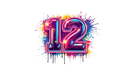 Vibrant Neon Number Twelve with Colorful Ink Splatter