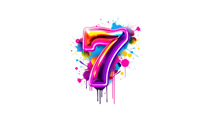 Vibrant Neon Number Seven with Colorful Paint Splatter