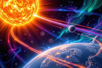 Obraz premium illustrate the magnetosphere shielding the ionosphere from solar wind energy, producing auroras, flowing plasma currents, and glowing magnetic waves stretching across polar regions vividly.