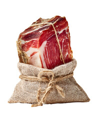 Delicious cured ham in burlap sack rustic food photography