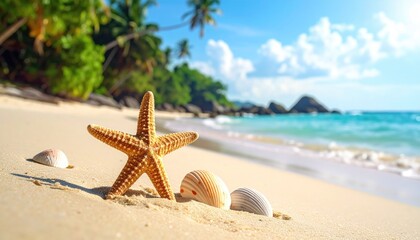 Sunny Tropical Beach Scene with Starfish and Seashells on Sandy Shoreline Under Bright Sunlight and Turquoise Water Landscape