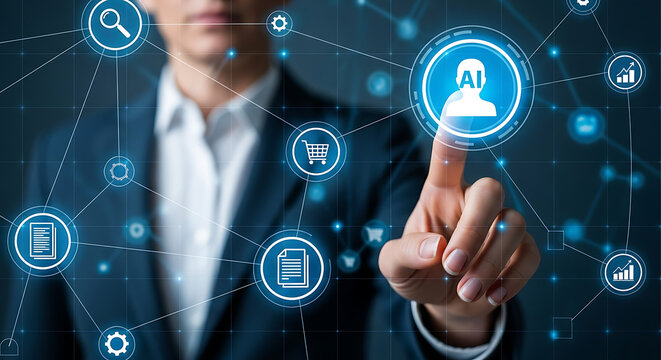 Man in suit touching ai icon surrounded by connected digital network interface elements on blue background ai generated