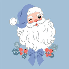 Hand drawn vector Santa Claus head on isolated background. Vintage Christmas print clipart. Perfect for card, logo or nursery print design. EPS10 vector file.