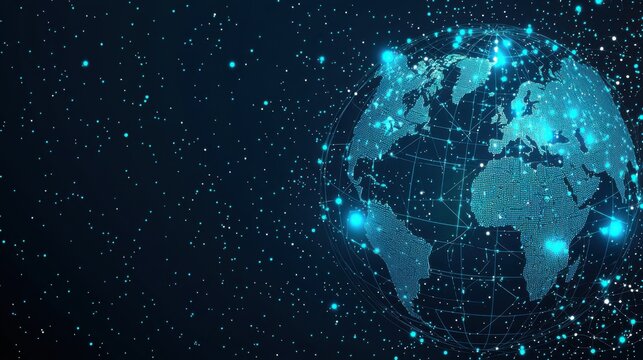 Globe with network of dots and stars representing global network connection and communication design template