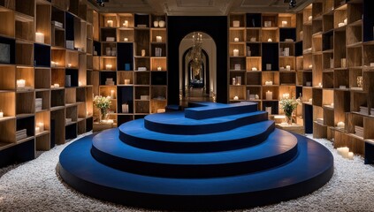 Wooden-shelved room, curving blue steps