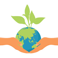 Hands holding globe earth with green sprout and leaves isolated on white background. Environment day. Earth day
