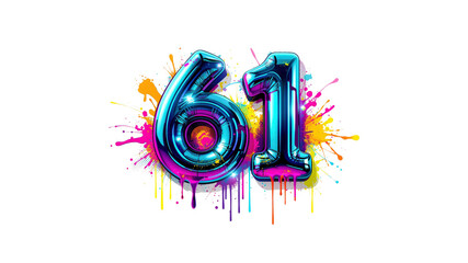 Number 61 Neon Balloon Number with Colorful Paint Splatter Background