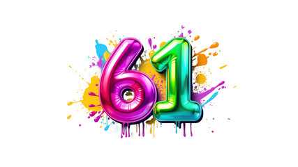 Colorful Number 61 Balloon Design with Paint Splatter Background