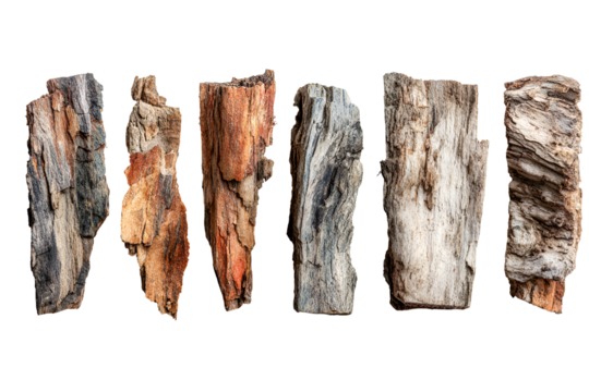 Six pieces of weathered wood on black background showing texture and color variations