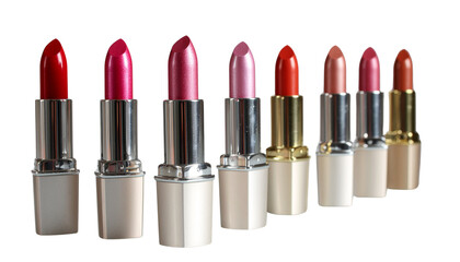 Obraz premium A collection of colorful makeup lipsticks, including a vibrant red one, are isolated on a white background