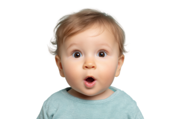 Surprised caucasian child with wide eyes in blue top on white background, cut out