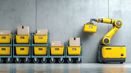 Automated warehouse robotic arm picking a package from a yellow bin