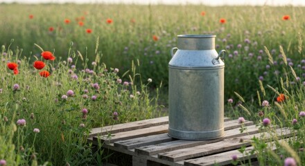 Naklejka premium A beautiful rustic country aesthetic featuring a vintage milk can resting in a summer wildflower field with poppies