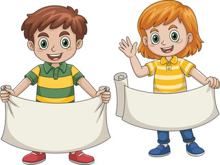 Cartoon Kids Holding Blank Signs – Cute Boy and Girl Banner Illustration