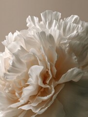 Close-up of a creamy-white peony blossom, showcasing intricate petal textures and subtle color gradations against a muted background