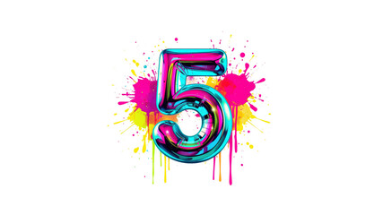 Neon Number Five with Colorful Paint Splatter Background