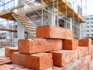 Obraz premium Close-up of stacked red bricks with a blurry construction site and scaffolding in the background.