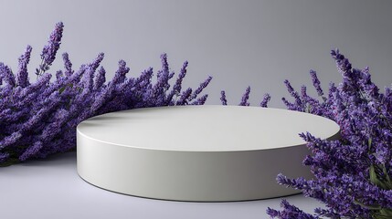 Minimalist white podium surrounded by vibrant purple lavender sprigs against a soft gray background