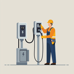 Electrician working on charging station for electric vehicles.