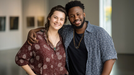 Interracial pair with plus-size representation enjoying a museum date, appreciating art in an inclusive space, diversity, inclusivity, interracial couples, plus-size models, cultur