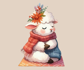 Lamb sitting wrapped in plaid blanket, autumn, leaves, watercolor style, vector, hand drawn.