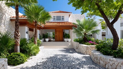 Obraz premium Tropical Luxury Home with Stunning Landscape and Palm Garden Entrance