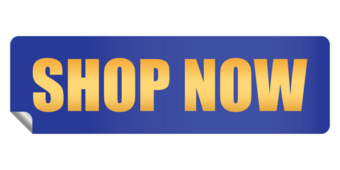 Shop now sticker, button isolated on white background. Shop now blue vintage label, badge