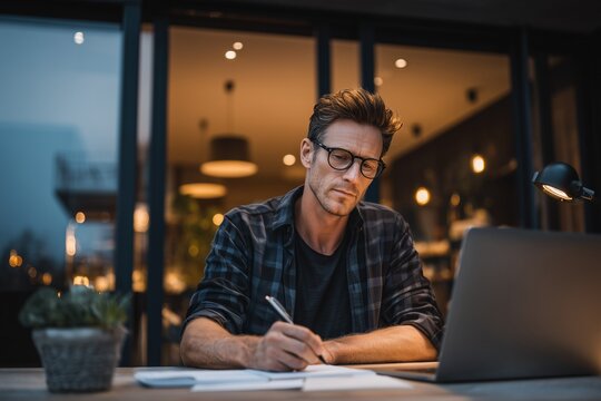 Focused young man in glasses working late at desk with laptop and notes, writing under warm light, symbolizing productivity, business, remote work, and dedication.