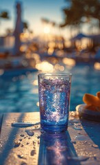 A blue glass filled with bubbly water sits on a sun-drenched table beside a shimmering pool, the sunset casting a warm glow on the scene, water droplets scattered around the base of the glass