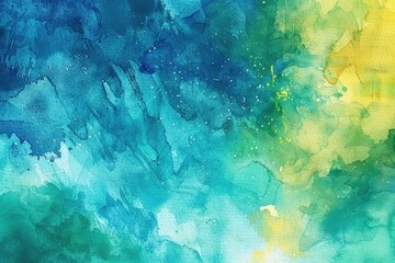 An abstract watercolor painting in cool tones, featuring blends of teal, blue, and green, accented with flecks of silver, creating a dynamic, flowing composition