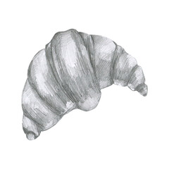 Croissant pencil graphics illustration. Black and white engraved clipart, hand-drawn culinary painting for a bakery, sketches of sweet fresh pastries for a cafe label, logo, and packaging design.