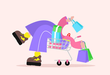 Young woman in shopping cart. Cartoon style character. Flat vector illustration.