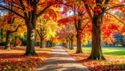 Naklejka premium Pathway Through Forest with Autumn Foliage in Warm Sunlight Showing Vibrant Orange Yellow and Red Leaves and Tree Trunks on Ground in Landscape