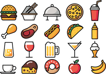 Colorful food and drink icon set – burgers, desserts, fruits, beverages, fast food, and snacks