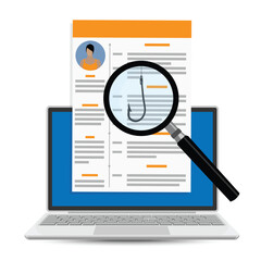 Employee verification concept. Magnifying glass with hidden phishing hook inspecting documents, resume or CV