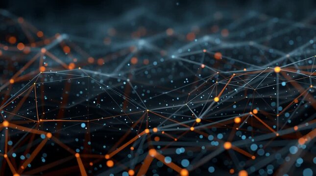 Abstract network with orange nodes and connecting lines on a dark blue textured background