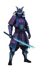Fototapeta premium Detailed pixel art of a cybernetic samurai in traditional armor fused with futuristic technology, wielding an electrifying sword.