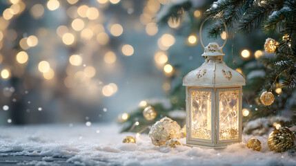 Cozy Lantern with Warm Glow Surrounded by Christmas Ornaments