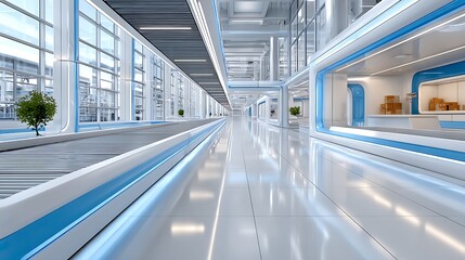 Futuristic Minimalist Conveyor Belt Perspective in a Modern Industrial Space