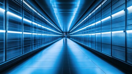 Obraz premium A long, illuminated corridor, lined with metal shelving