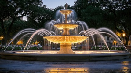 A tiered fountain at dusk, illuminated by warm lights, reflecting on the paved ground.  Surrounded by trees and flowering plants in a park setting